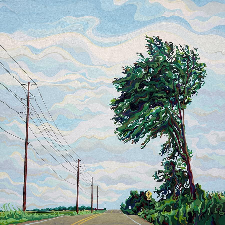 Painting of green tree and grass alongside a highway by Amy Ferrari.