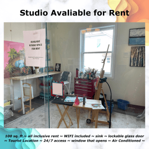 Example of a studio available for rent. What marble background with orange and blue swirls. Black text saying "Studio Available for rent" and listing some of the perks.