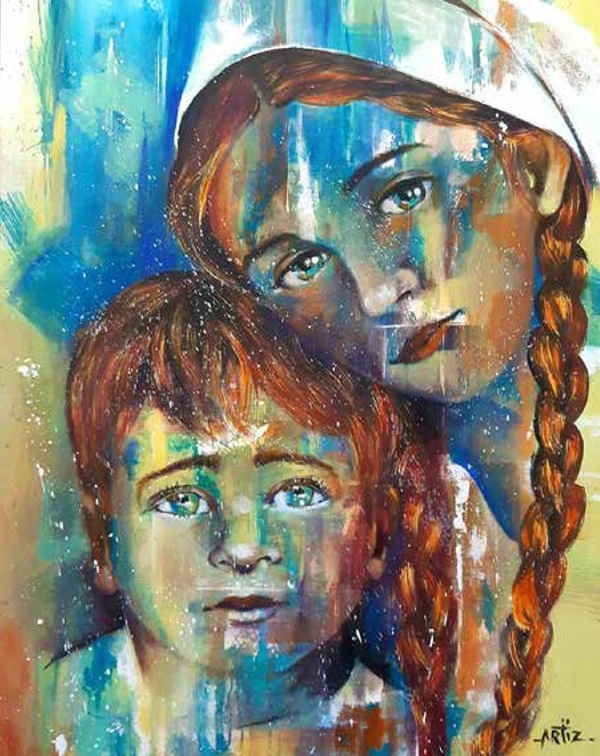 Amish siblings acrylic painting by artist Artiz (ALVARO ORTIZ QUIROZ)