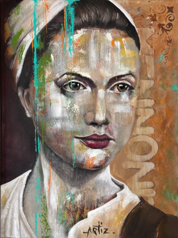 Amish woman acrylic painting by artist Artiz (ALVARO ORTIZ QUIROZ)